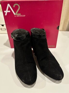 A2 by Aerosoles Black Suede Ankle Booties with Patent Trim